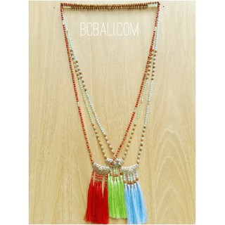 three color tassels pendant necklace silver bronze